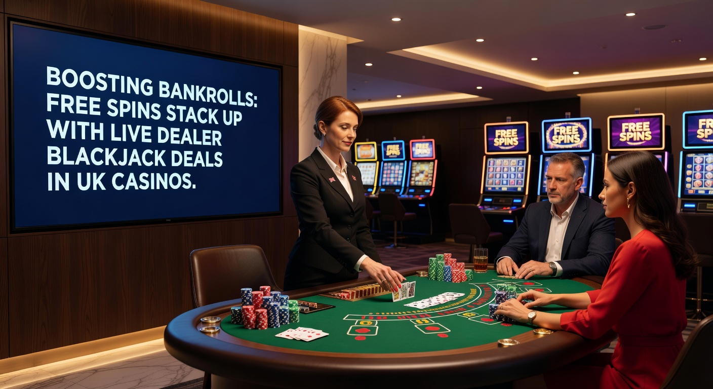 Dynamic split-screen of a player redeeming free spins on colorful slot reels next to a live blackjack dealer dealing cards, with overlaid graphics showing stacking bonus notifications