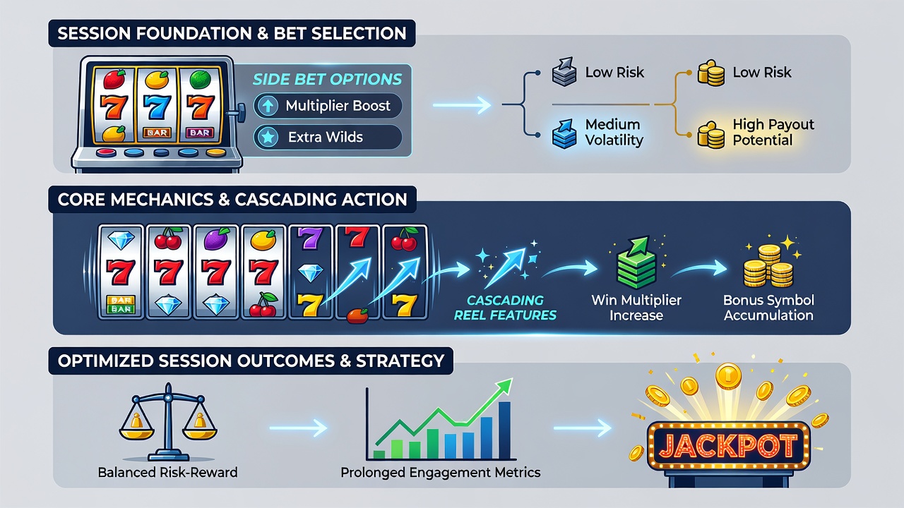 Illustration of timed session blocks linking side bets to cascade sequences