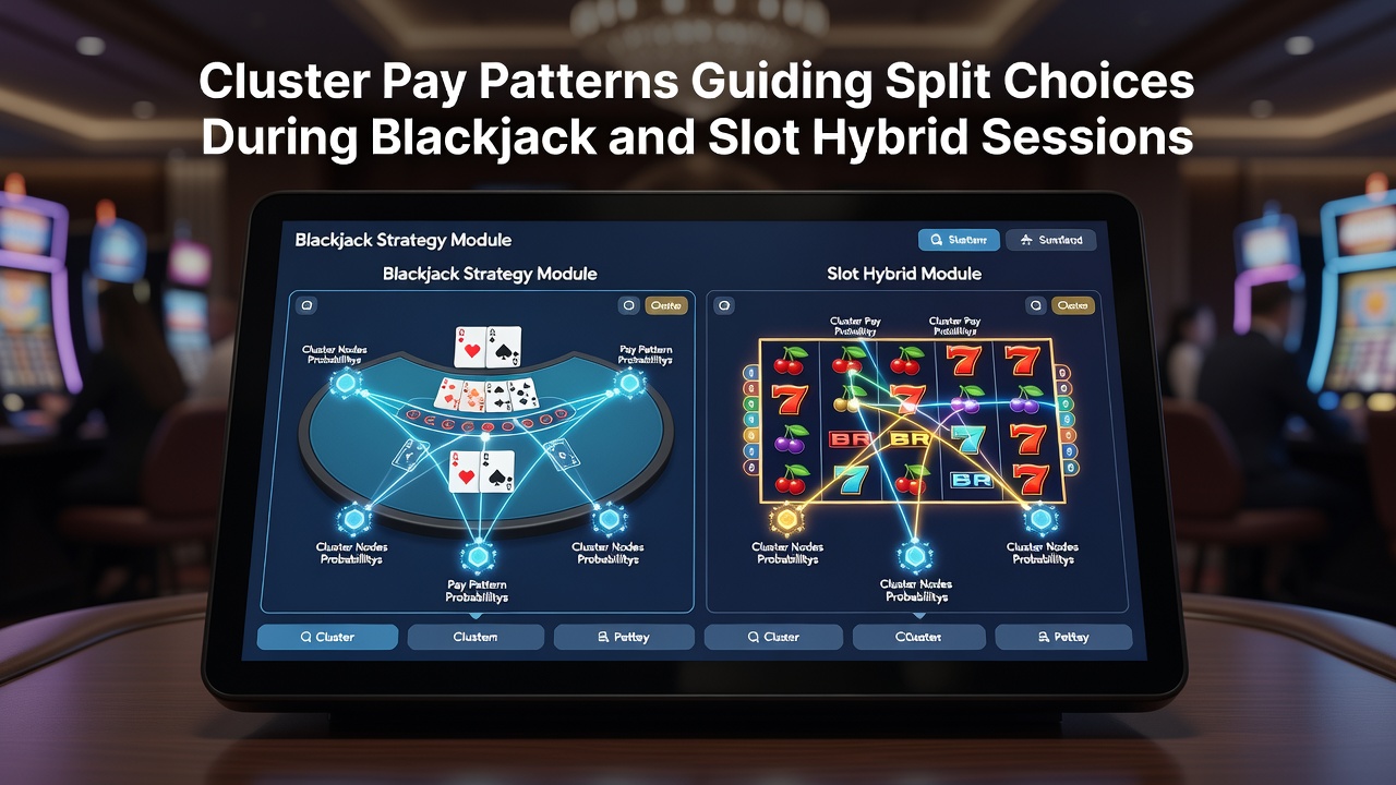 Player reviewing cluster pay results on a screen while considering a split at a nearby blackjack table
