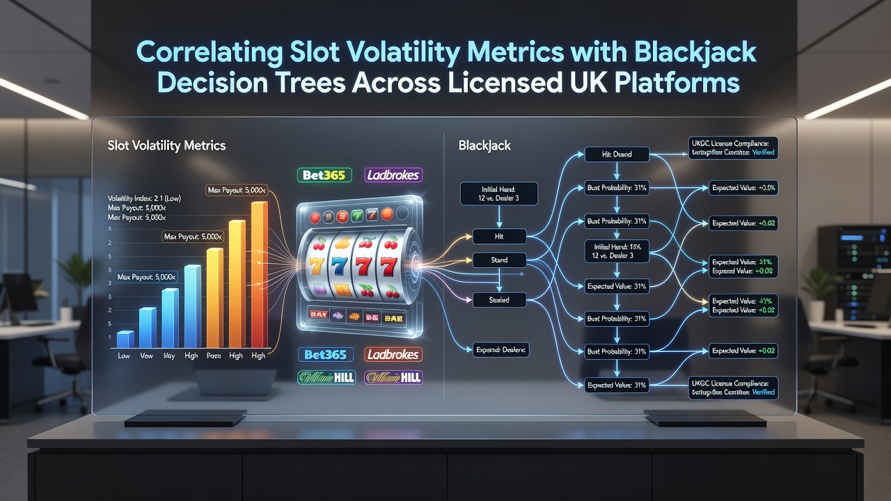 Charts displaying correlation coefficients between slot volatility indices and blackjack decision tree selections across multiple UK operator dashboards