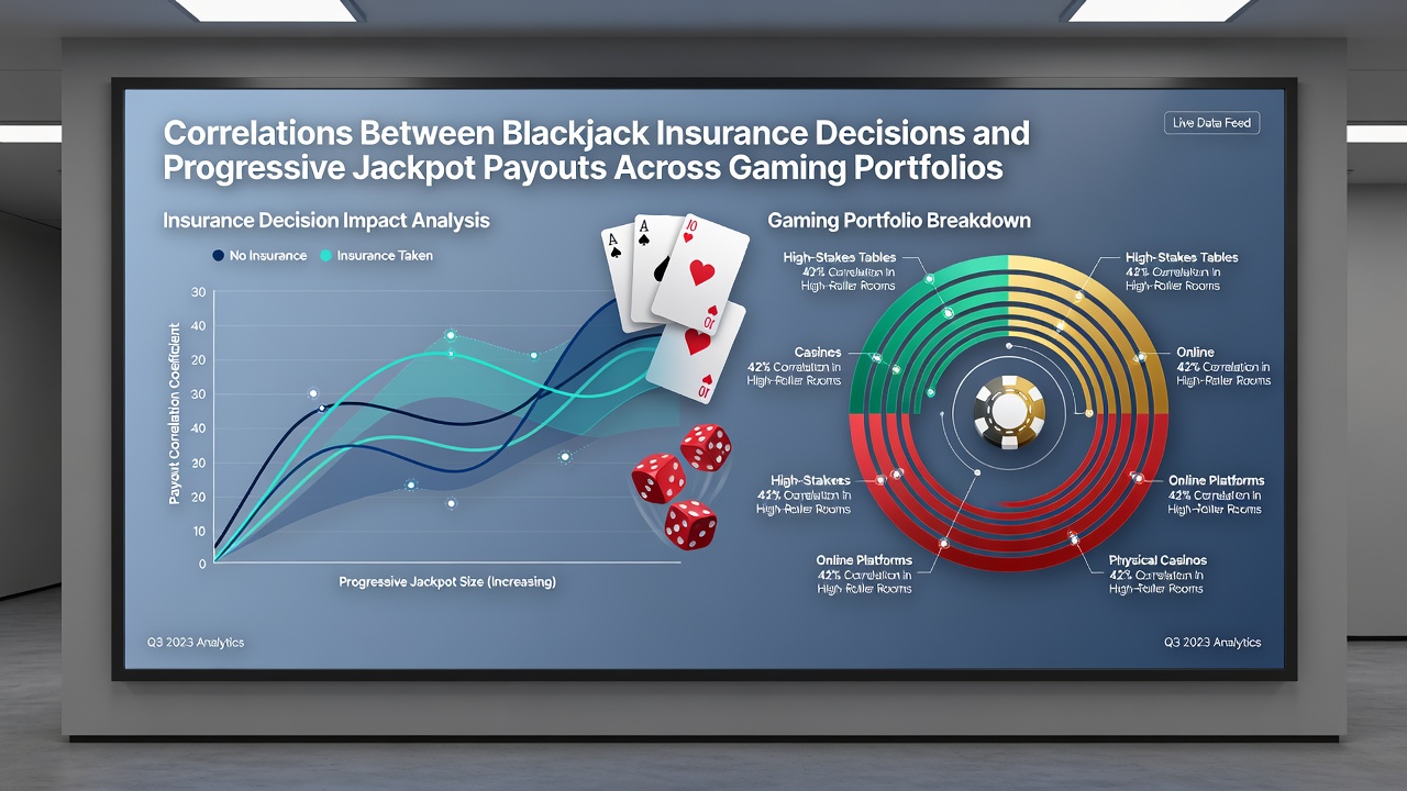 Data visualization charts displaying blackjack insurance statistics next to progressive jackpot payout timelines from casino portfolio reports