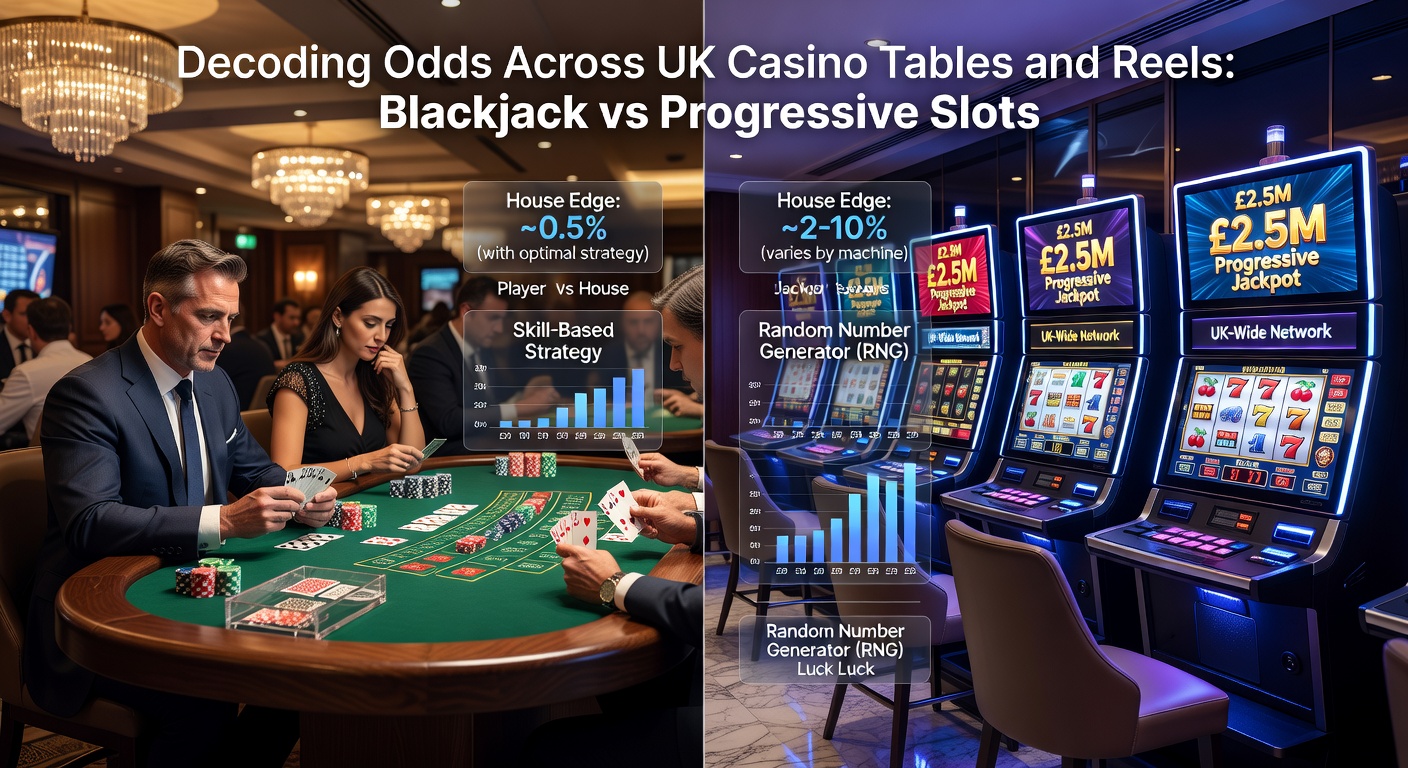 Close-up comparison of a blackjack hand layout versus a progressive slot screen displaying a climbing jackpot meter, emphasizing odds differences
