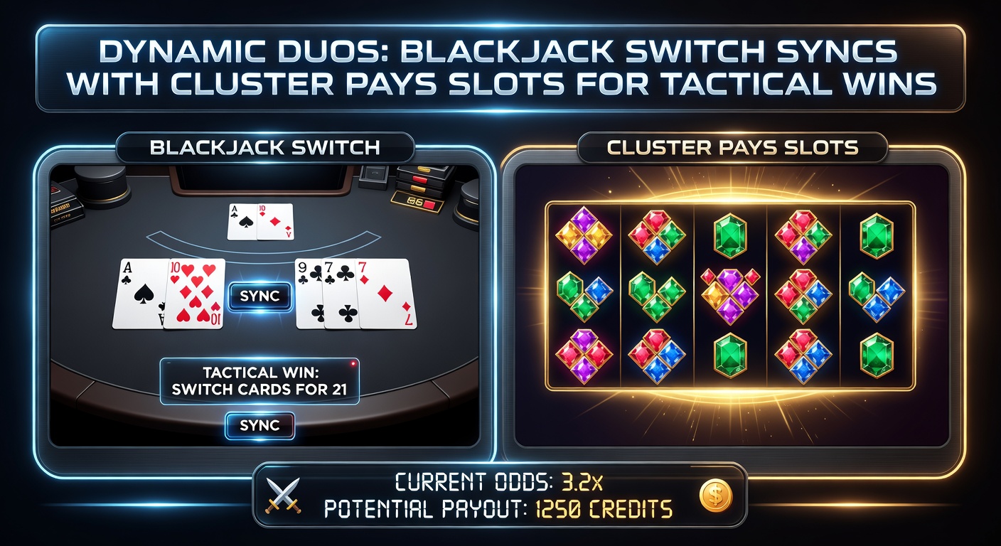 Close-up of a Cluster Pays slot cascade with exploding symbol groups next to a Blackjack Switch hand showing a successful card swap