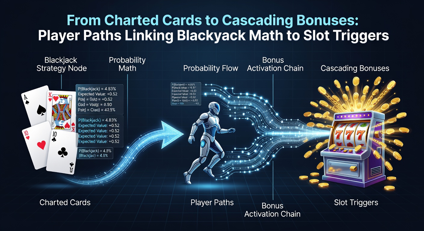 Illustration of a player transitioning from a blackjack table to glowing slot reels with cascading bonus animations