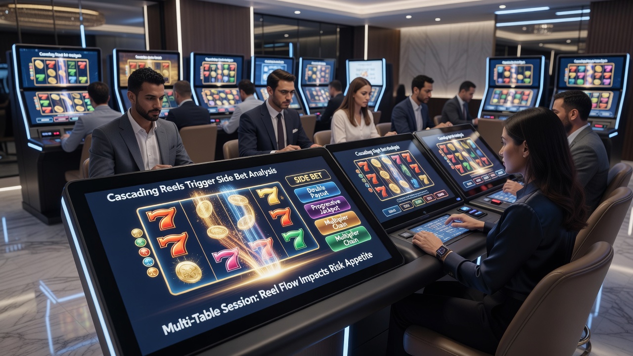 Players at multiple blackjack tables with cascading slot displays visible in background