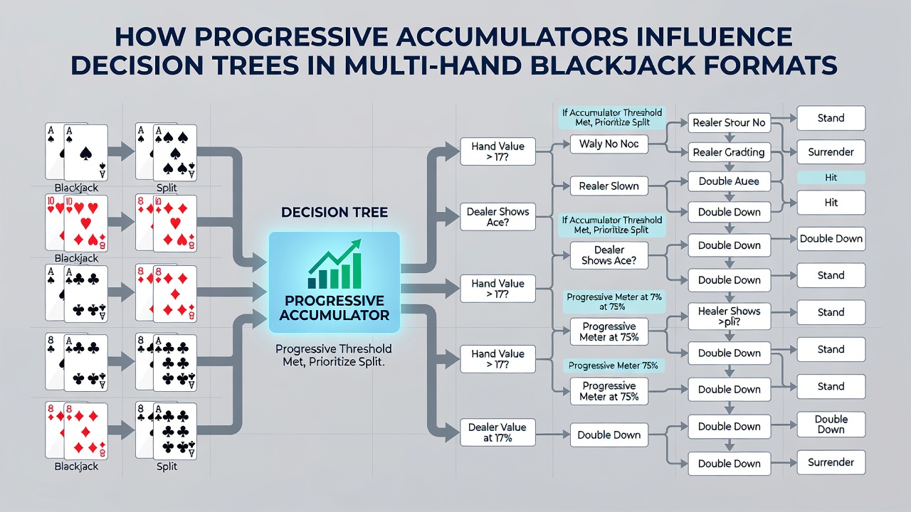 Decision tree flowchart illustrating accumulator-adjusted strategy branches for multi-hand blackjack