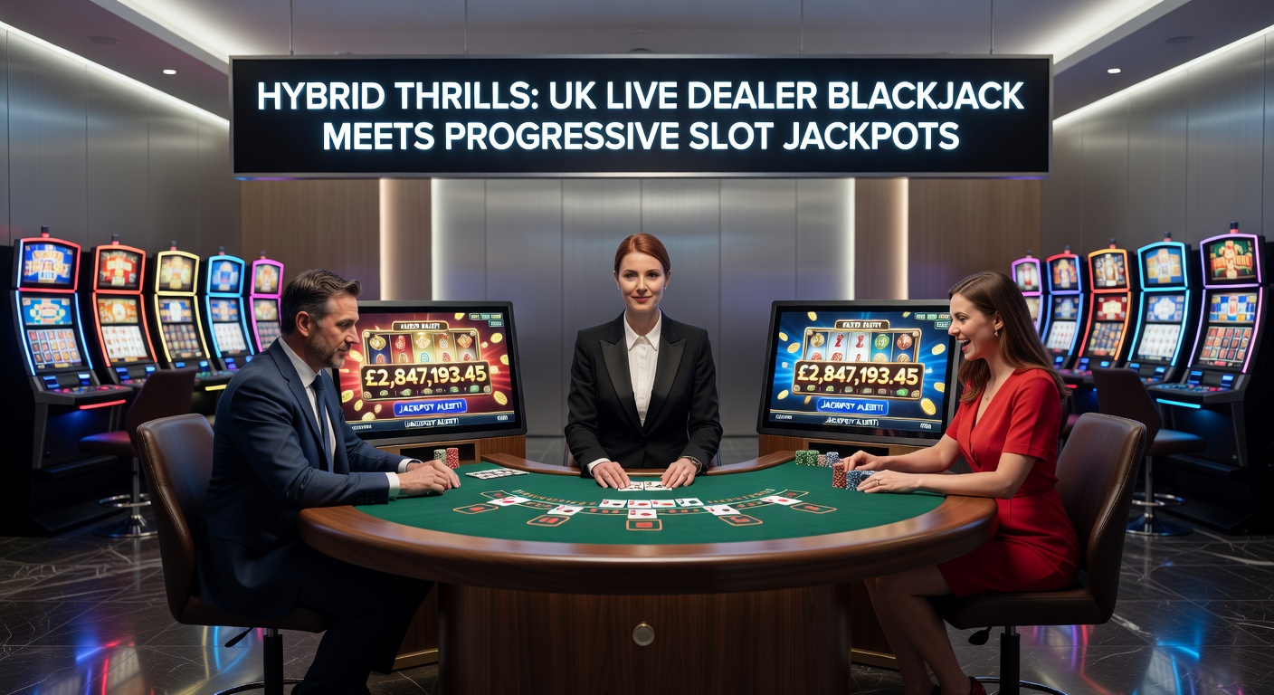 Close-up of a progressive jackpot meter exploding with a win during a live UK blackjack session, cards and slot reels animated together