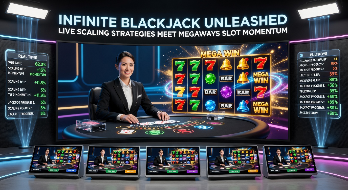 Vibrant Megaways slot screen exploding with cascading symbols and multiplier trails, juxtaposed against a live blackjack interface showing scaled bet progressions for hybrid play inspiration