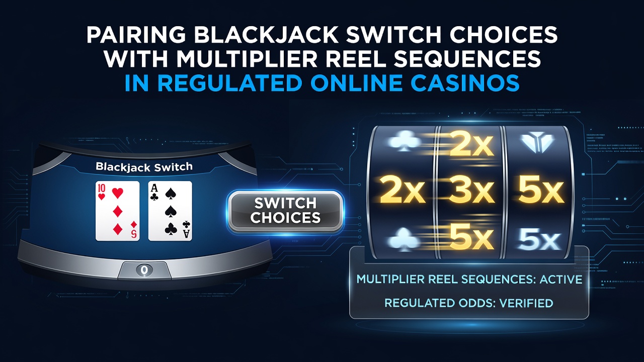 Multiplier reel sequences activating after a successful blackjack switch decision in a regulated online casino environment