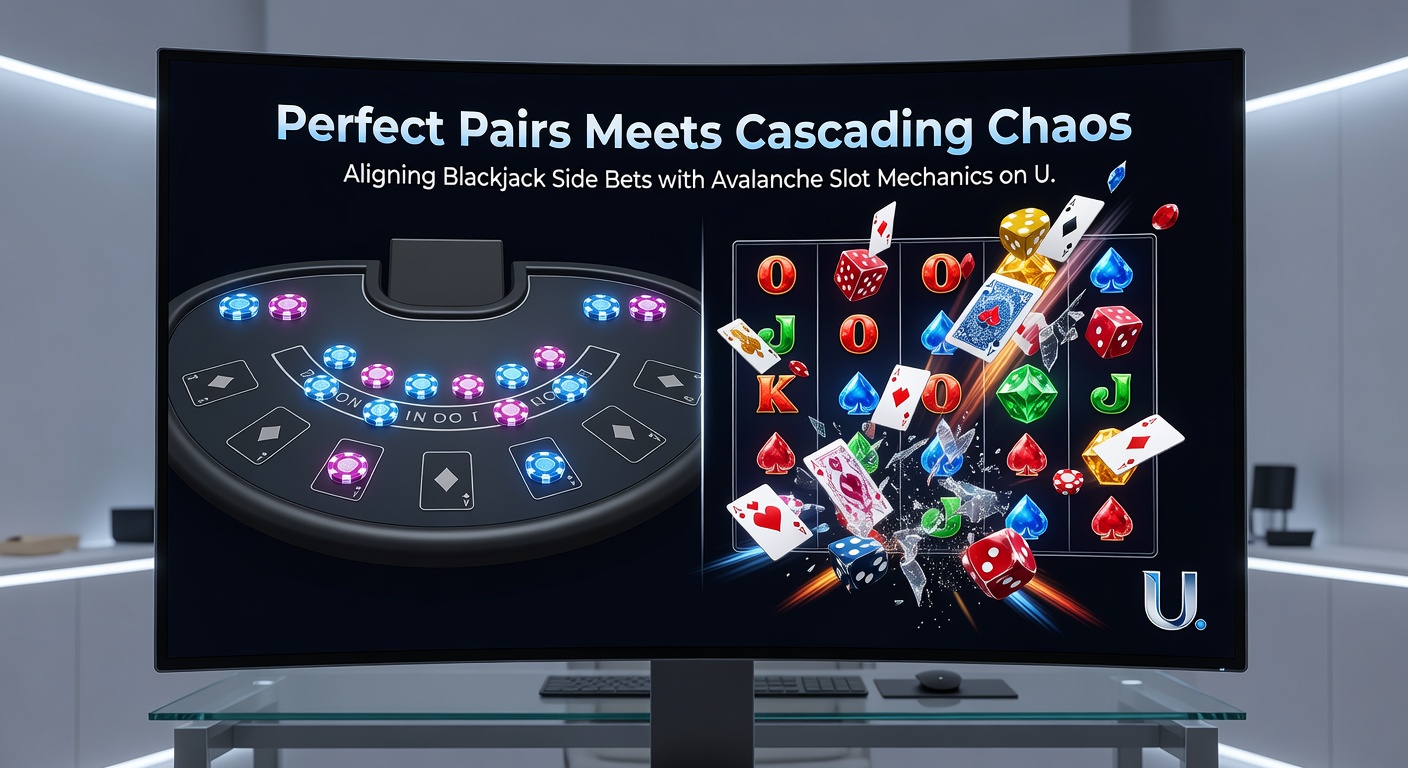 Close-up of a UK online casino screen blending Perfect Pairs blackjack table with exploding avalanche reels, highlighting bonus links and multiplier chains