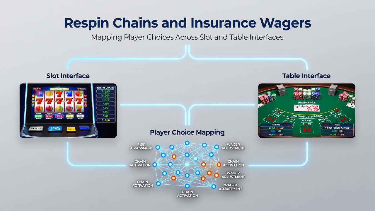 Split-screen view of a slot respin chain in progress next to an active blackjack insurance wager confirmation panel