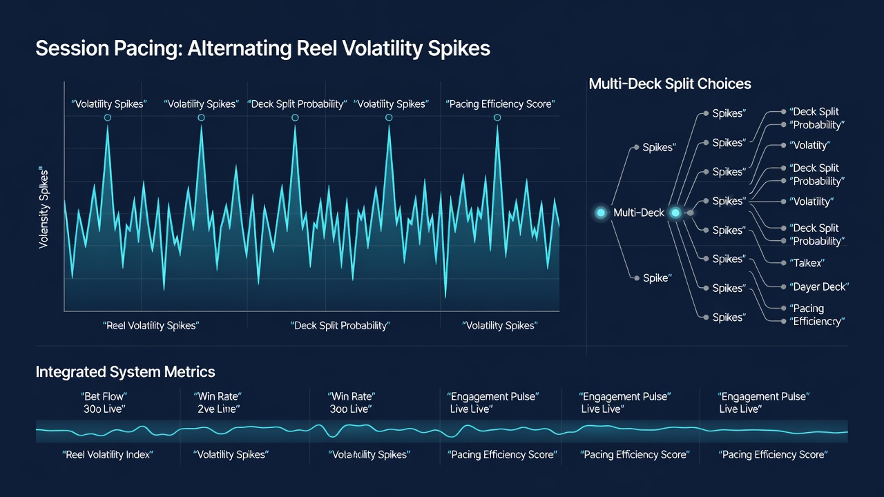 Player dashboard on an integrated platform displaying session statistics, volatility graphs, and blackjack split recommendations side by side