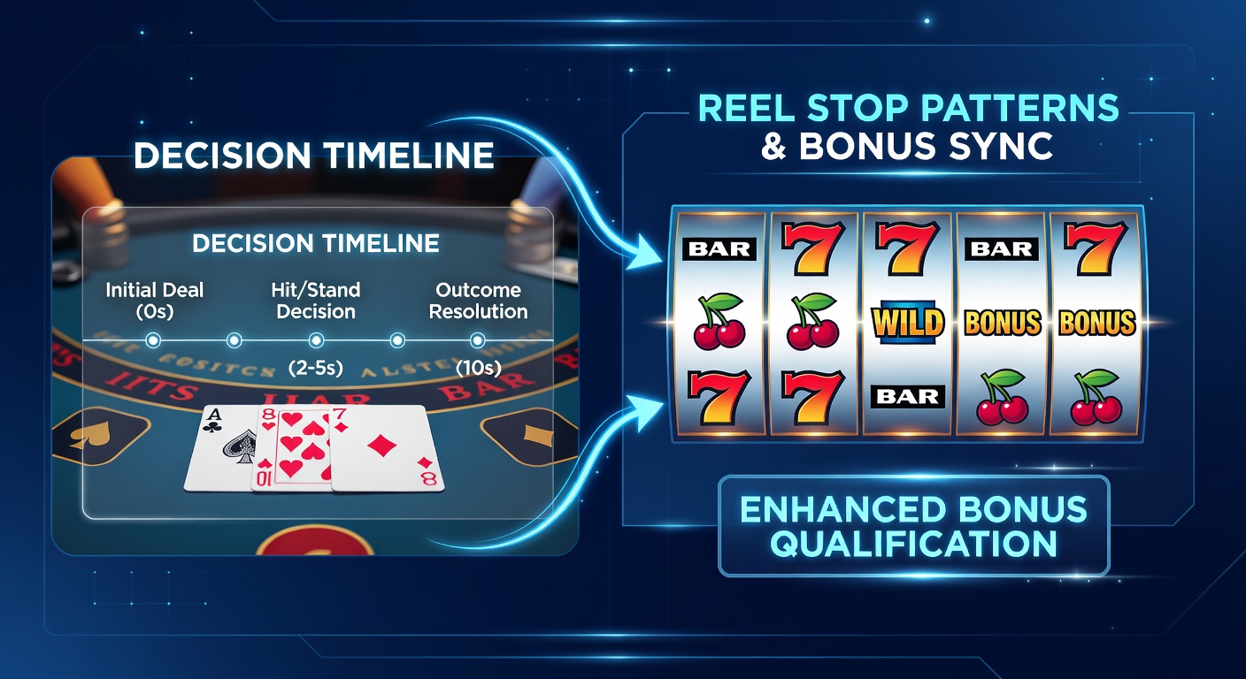 Casino floor layout illustrating blackjack tables positioned near progressive slot banks with overlaid timing indicators