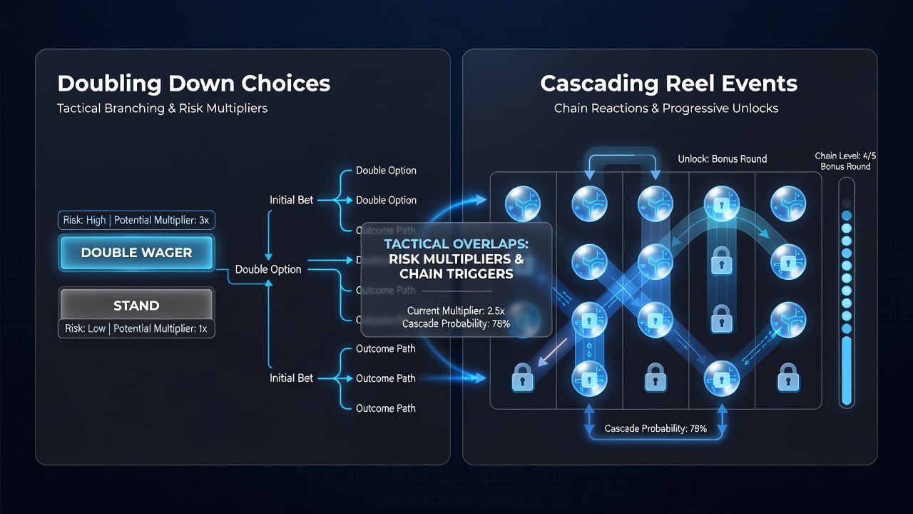 Screenshot of a modern gaming interface displaying synchronized doubling and cascading reel options side by side