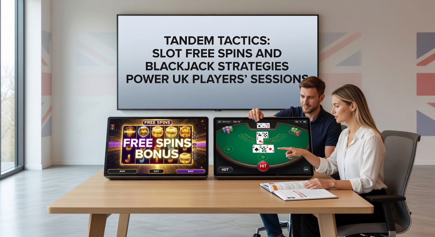Split-screen view of a slot machine erupting in free spins next to a blackjack hand hitting 21, illustrating combined tactics boosting player sessions